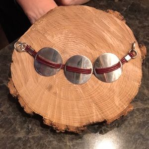 Silver and barn red leather bracelet